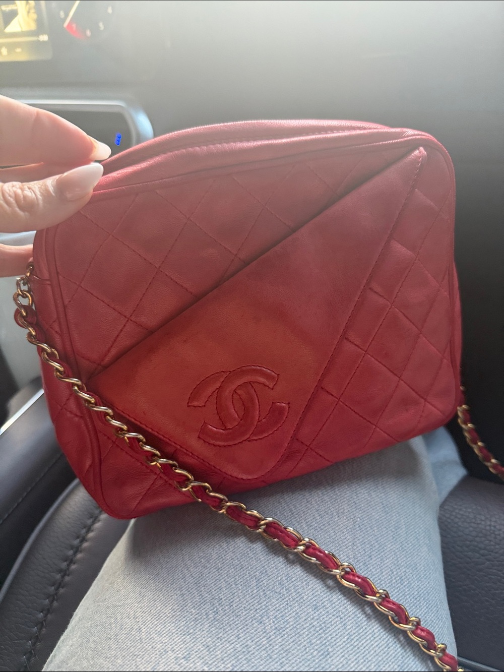 CHANEL Red Quilted Leather Crossbody Bag with Gold Chain vintage